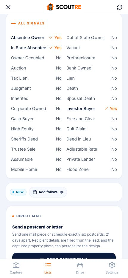 SCOUTRE All Signals card with ownership, investor and distress signals