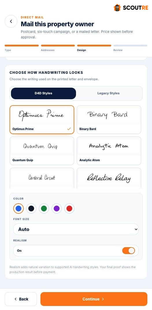 SCOUTRE handwriting realism controls