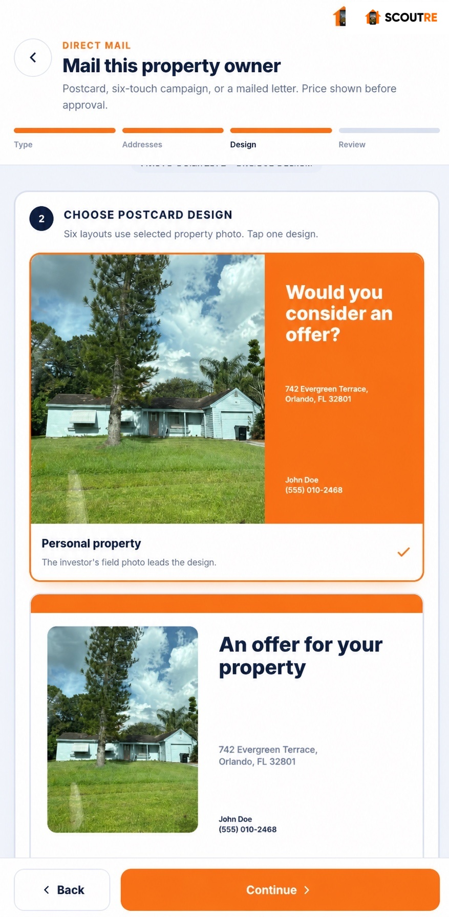 SCOUTRE postcard design using a captured property photo and synthetic contact details