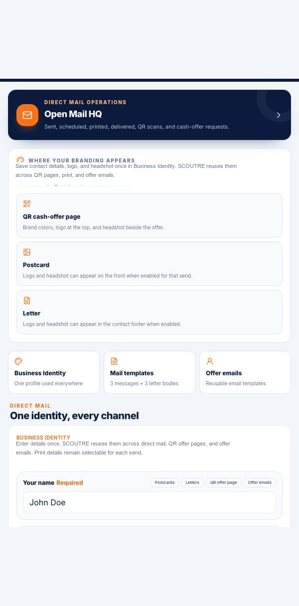 Real SCOUTRE direct-mail settings hub shown in a vertical phone screen