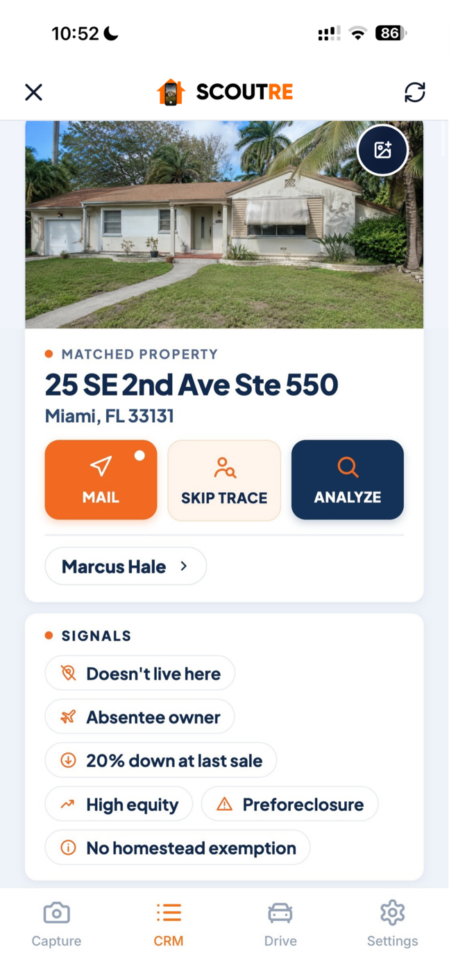 SCOUTRE matched property screen showing Mail, Skip Trace, Analyze and visible property signals including absentee owner, high equity and preforeclosure