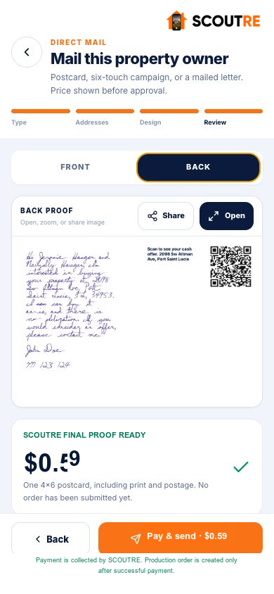 Real final SCOUTRE postcard back proof with unique QR code