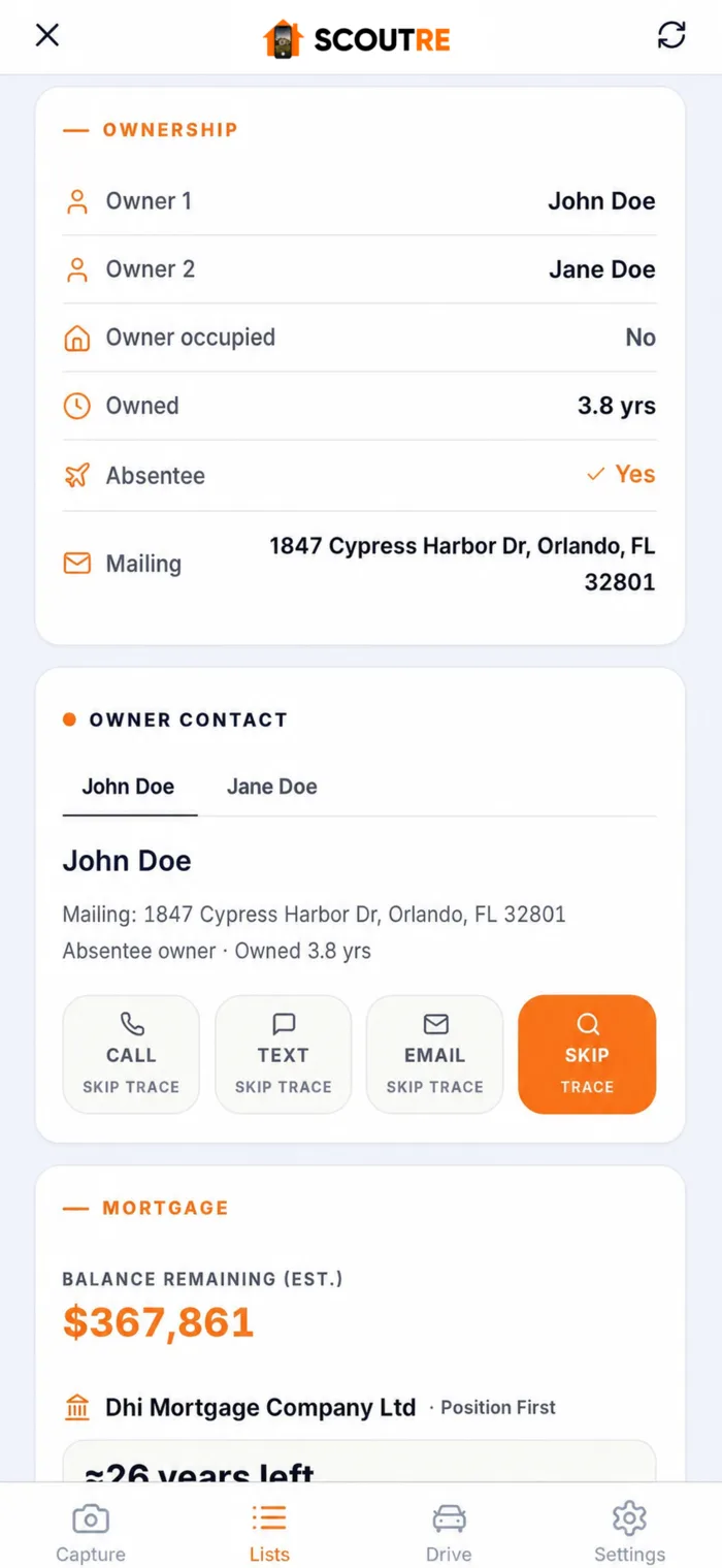 SCOUTRE owner contact card before skip tracing, showing synthetic owner names, mailing address and Skip Trace action