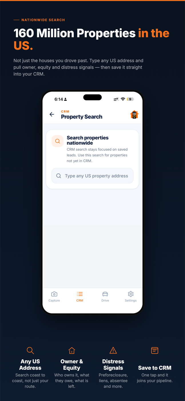 SCOUTRE Nationwide Search preview showing Property Search and 160 million U.S. properties