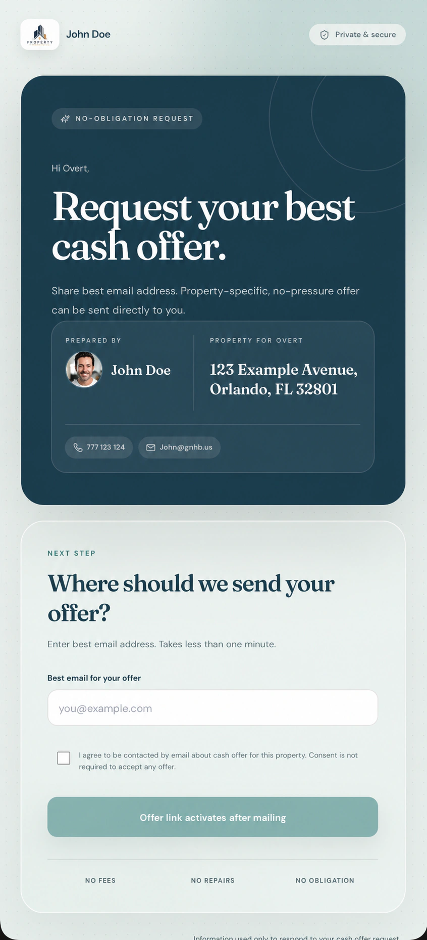 Recipient-specific mobile cash-offer page with investor branding and synthetic property address