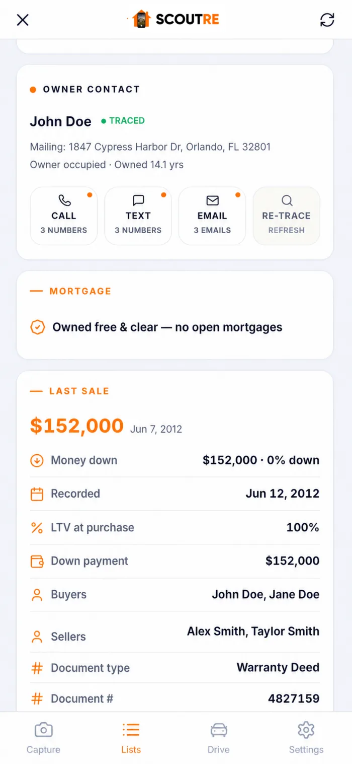 SCOUTRE result after skip tracing, showing traced status, three phone numbers, three emails and retrace action for synthetic owner data
