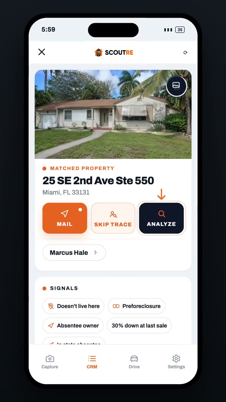 A SCOUTRE property record showing the property photo, matched address, owner name, mail, skip trace and analyze buttons, and the signals on the property.