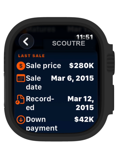 Apple Watch showing last sale price, sale date, recording date and down payment