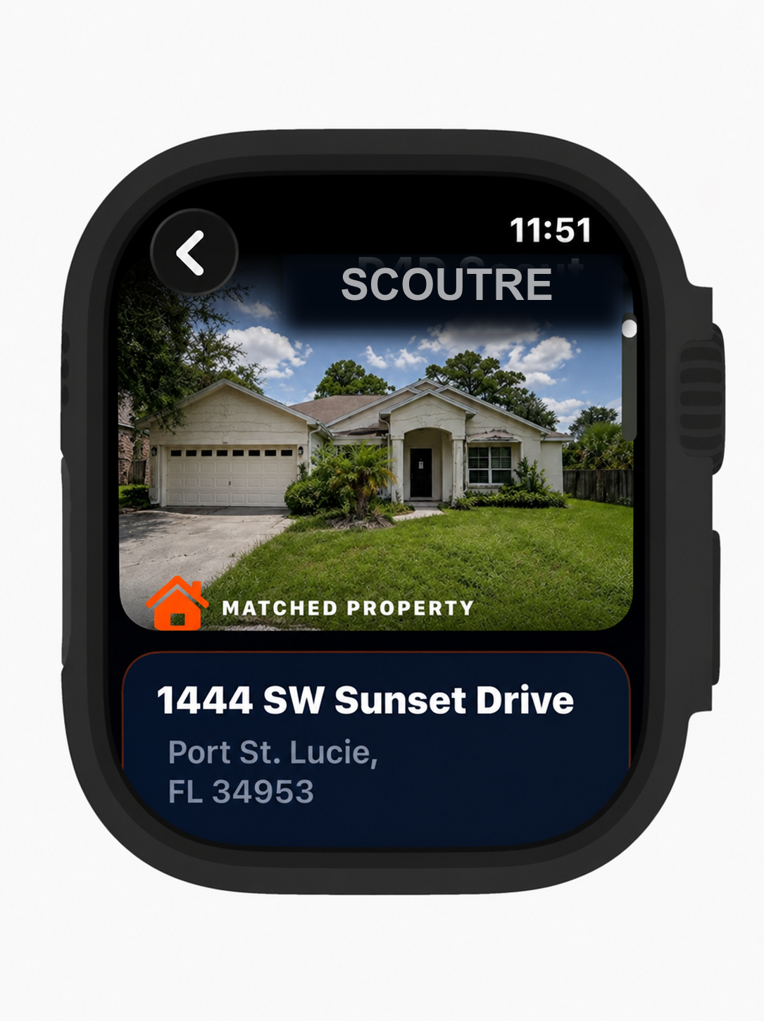 Real SCOUTRE Apple Watch matched-property screen showing street photo and property address