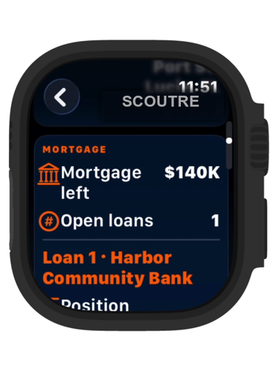 Apple Watch showing mortgage remaining, open loans, lender and lien position