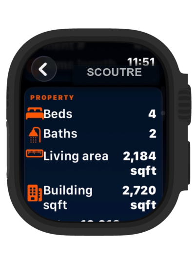 Real SCOUTRE Apple Watch property screen showing beds, baths, living area and building size