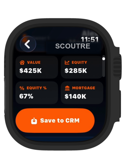 Apple Watch showing value, equity, mortgage and Save to CRM