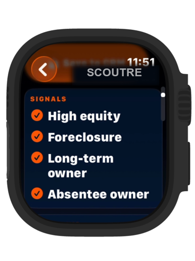 Apple Watch showing High equity, Foreclosure, Long-term owner and Absentee owner signals